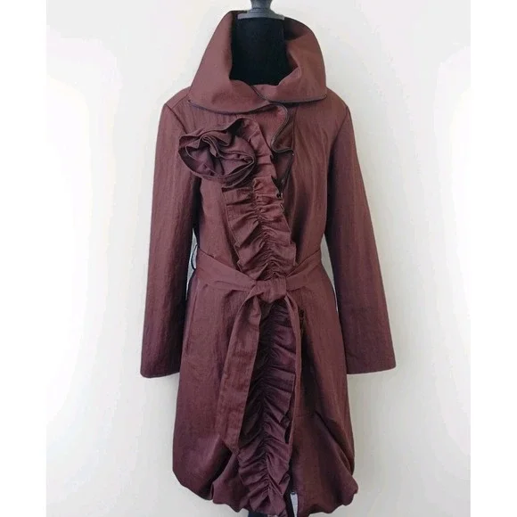 Samuel Dong Brown Ruffle Rosette Bubble Hem Trench Coat Jacket Womens Small - Picture 1 of 10